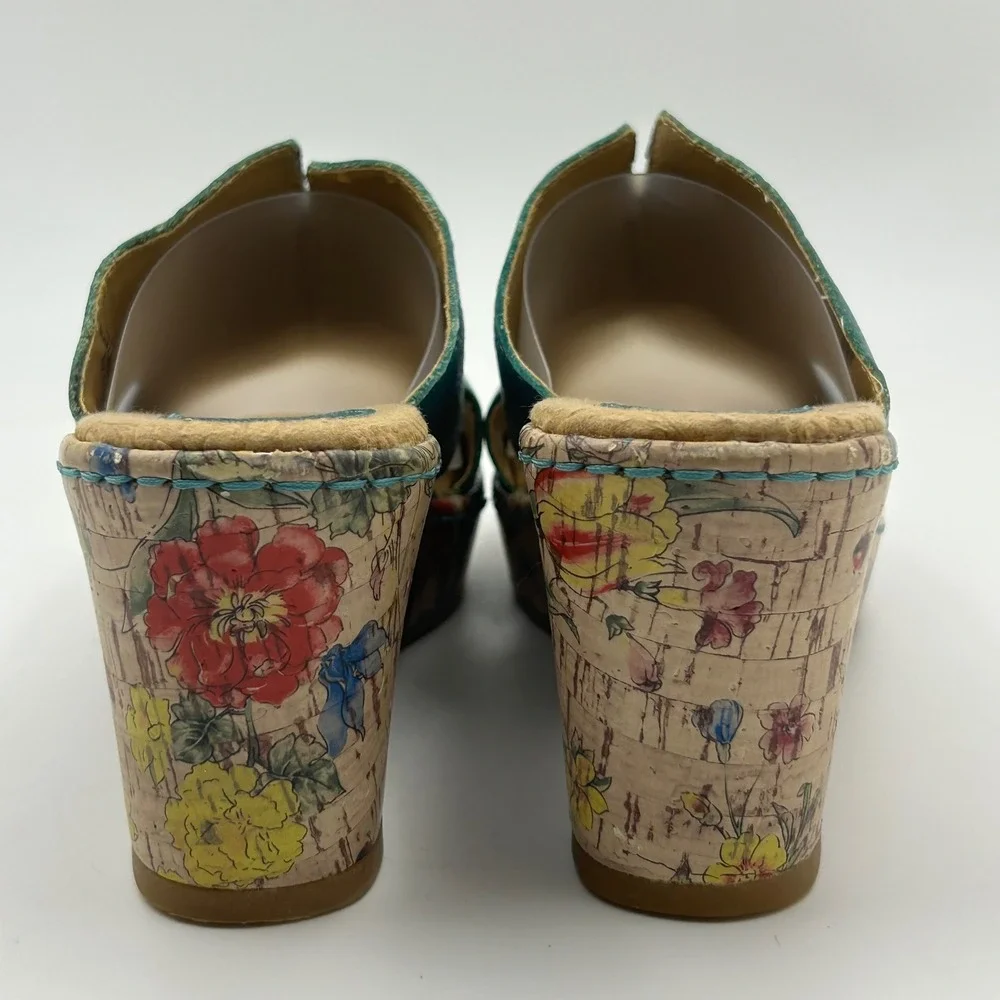 b.o.c. Wedge Sandals Womens 9 Teal Floral Cork Platform Mules C42613 Boho Summer